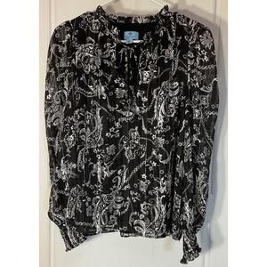 CeCe Black Lined Semi Sheer Paisley Ruffle Neck & Sleeve Silver Thread Blouse M